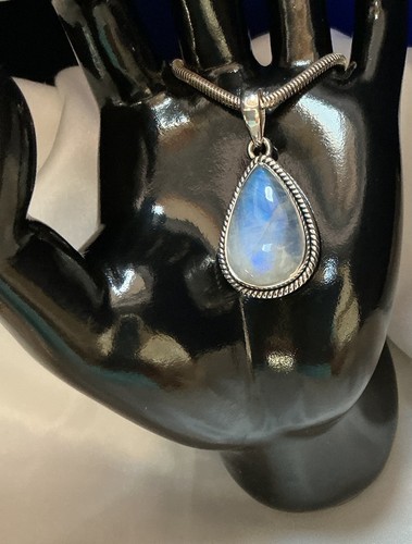 925 Sterling Silver Moonstone Rainbow Tear Drop Pendant 1 1/2 Inch Long
