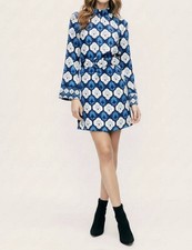 Zara Blue Geometric Mock Neck Mini Dress Belted Flared Sleeve XS