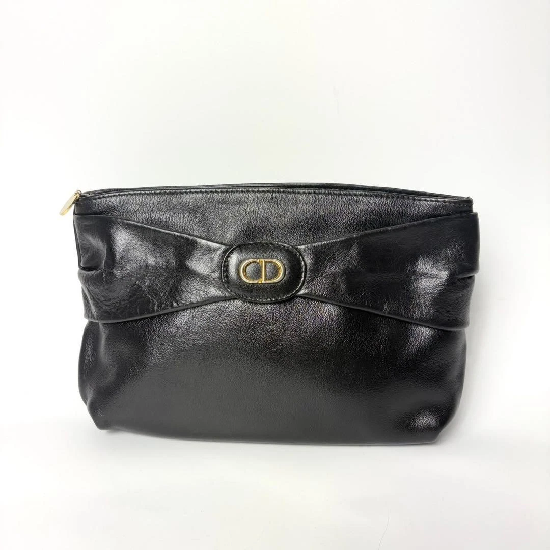 Sac pochette cuir noir Christian Dior logo CD occasion authentique