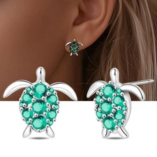 KUNSIR 925 Sterling Silver Green Sea Turtle Stud Earrings For Women Jewelry Gift