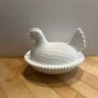 Vintage Indiana White Milk Glass Chicken Hen on Nest Covered Bowl Candy Dish 7 “