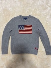 Polo Ralph Lauren USA Flag Knit Sweater M 10  12Y XS-S Adult Gray Cotton RL Logo