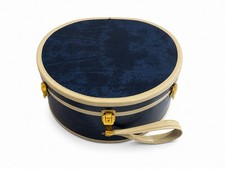 Samsonite Round Hat Box Travel Case w/ Handle Blue & Ivory Fabric RARE NWT