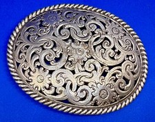 Flower Swirl Ornate Floral Theme Silver Tone Western Cowboy Cowgirls Belt Buckle