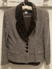 Vintage CHRISTIAN DIOR Brown Tweed Leopard Print Lapel Pant Suit Size 10