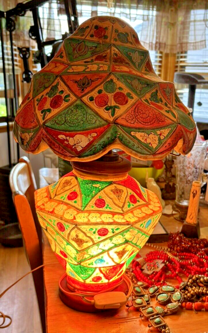 Vintage Pakistan Camel Skin Lamp 2 light w/shade 21