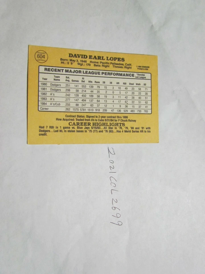 1985 Donruss Davey Lopes signed Baseball Card  - Image 2 of 2