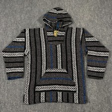 VINTAGE Baja Joe Poncho Adult Medium Black White Blue Mexican Blanket Hoodie 90s