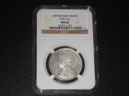 1877-B India One Rupee. Type A/2. NGC MS 62. Beautiful Rare Coin.