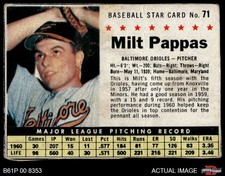 1961 Post Cereal #71 Milt Pappas  Hand Cut Orioles SHORT-PRINT 1.5 - FAIR