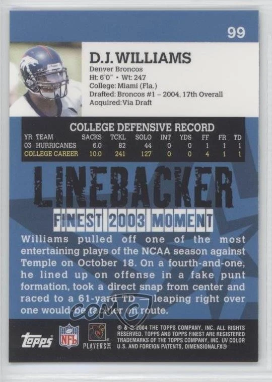 2004 Topps Finest DJ Williams #99 Rookie RC - Image 2 of 2