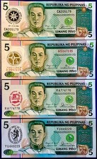4 PHILIPPINES NOTES 5 PESOS COMMÉMORATIVES 1986-1991 ALL 4 UNC & ALL DIFFERENT!!