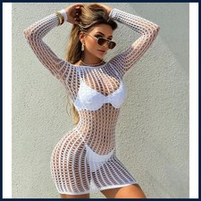 Women Sheer Mesh Long Sleeve Beach Cover Up, Sexy See-Through Fishnet Dress
