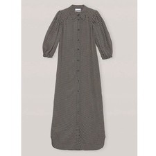 GANNI Black Blue Tan Cream Checkered Puff Sleeve Midi Dress Medium