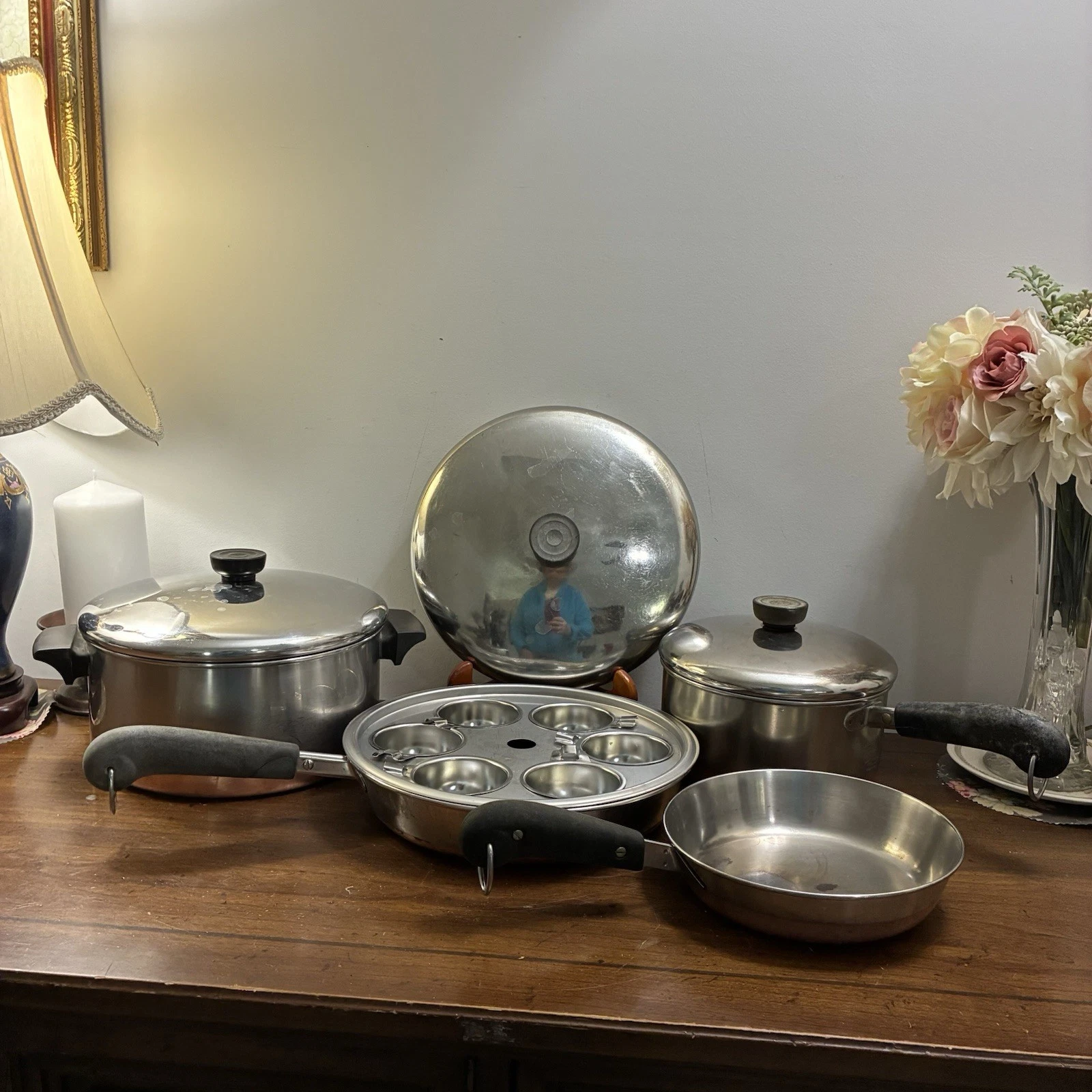 Vintage Revere Ware Copper Bottom 14p Lot Pots Pans Egg Poacher Lids USA