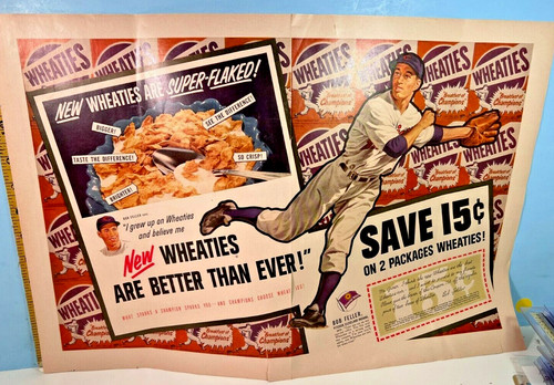 Fantastic Wheaties Cereal Bob Feller Cleveland Indians Print Ad Minor Edge Tear