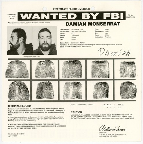 Wanted for Murder Damian Monserrat Baby Killer orig 1992 FBI Posting