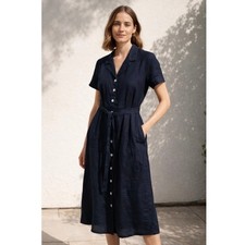 Quince 100% European Linen Button Front Dress Chambray Stripe Women's Size L NWT