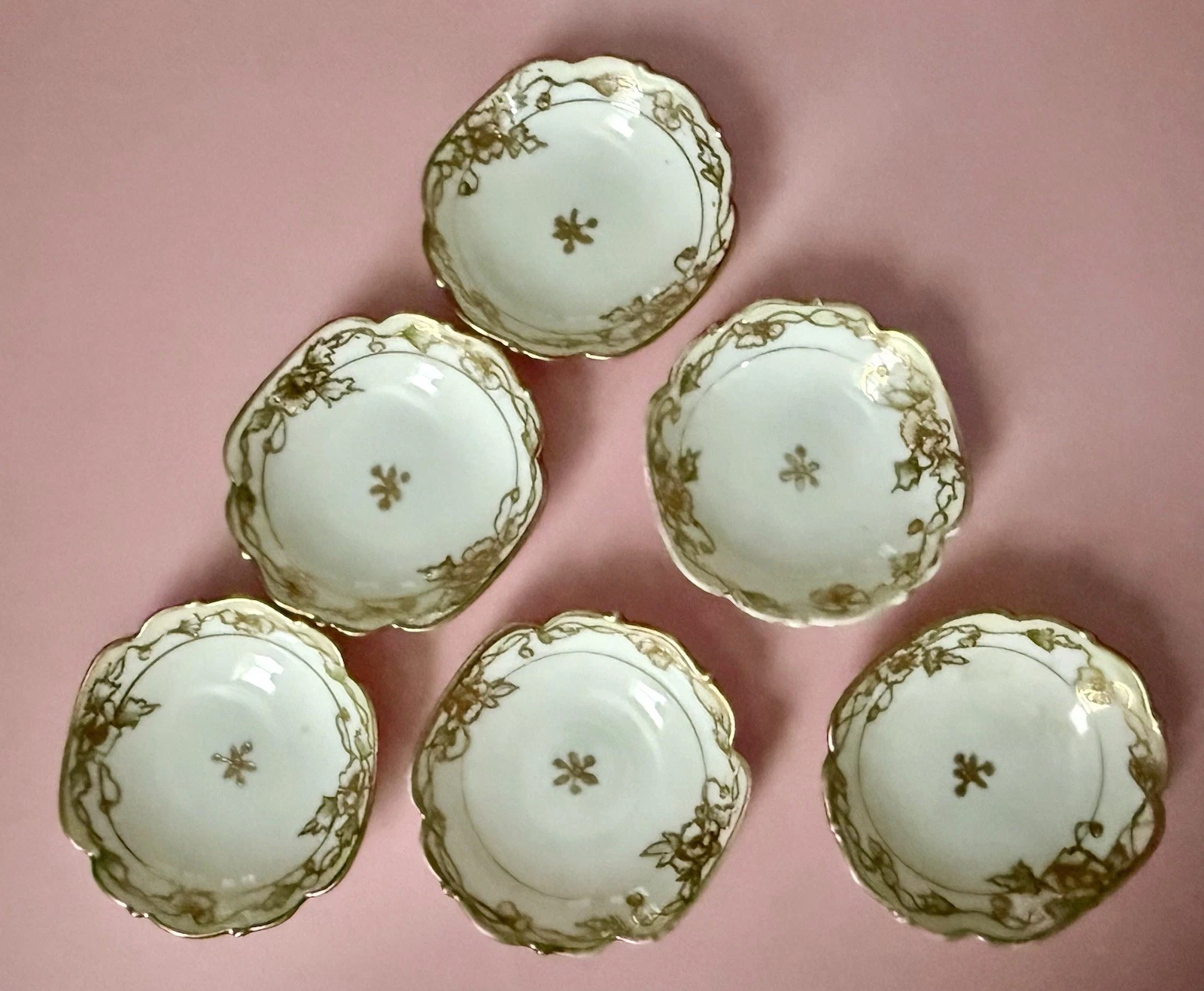 Set of 6 Vintage Nippon Hand Painted Butter pat Dishes Pink Floral Gold Moriage