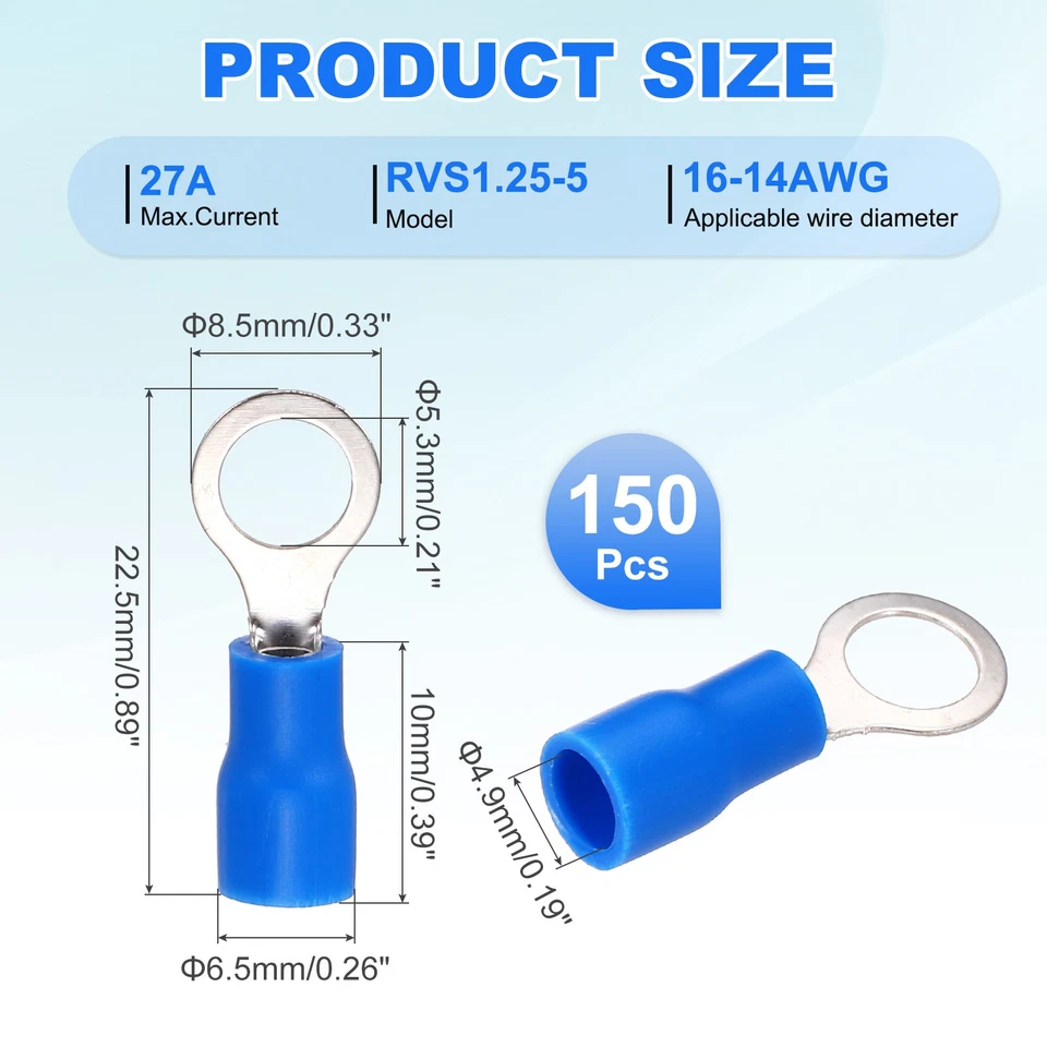 150Pcs Insulated Ring Terminal RVS2-5 Battery Lugs 16-14AWG Crimp Terminals Blue Foto 2 de 4