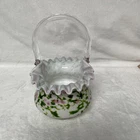 Fenton Art Glass Vasa Murrhina Rose Green Aventurine Basket Crimped Edges 7 1/2”