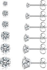 6 Pairs Stud Earrings Set, Hypoallergenic Cubic Zirconia 316L Earrings Stainless