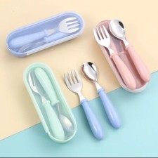 Spoon Fork With Container Box Stainless Steel Kids Silverware Set Child Toddler