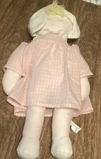 Vintage Cloth Eden Doll Blonde Yarn Hair Pink Dress Bonnet Baby Toy Plush 15