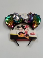 Disney Minnie Mouse Rainbow Sequin Bow Ears Headband One Size Kids NEW