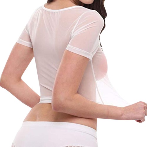 Womens Sheer Mesh Crop Top Ladies Long Sleeve Crew Neck Plain Stretch - Picture 17 of 18