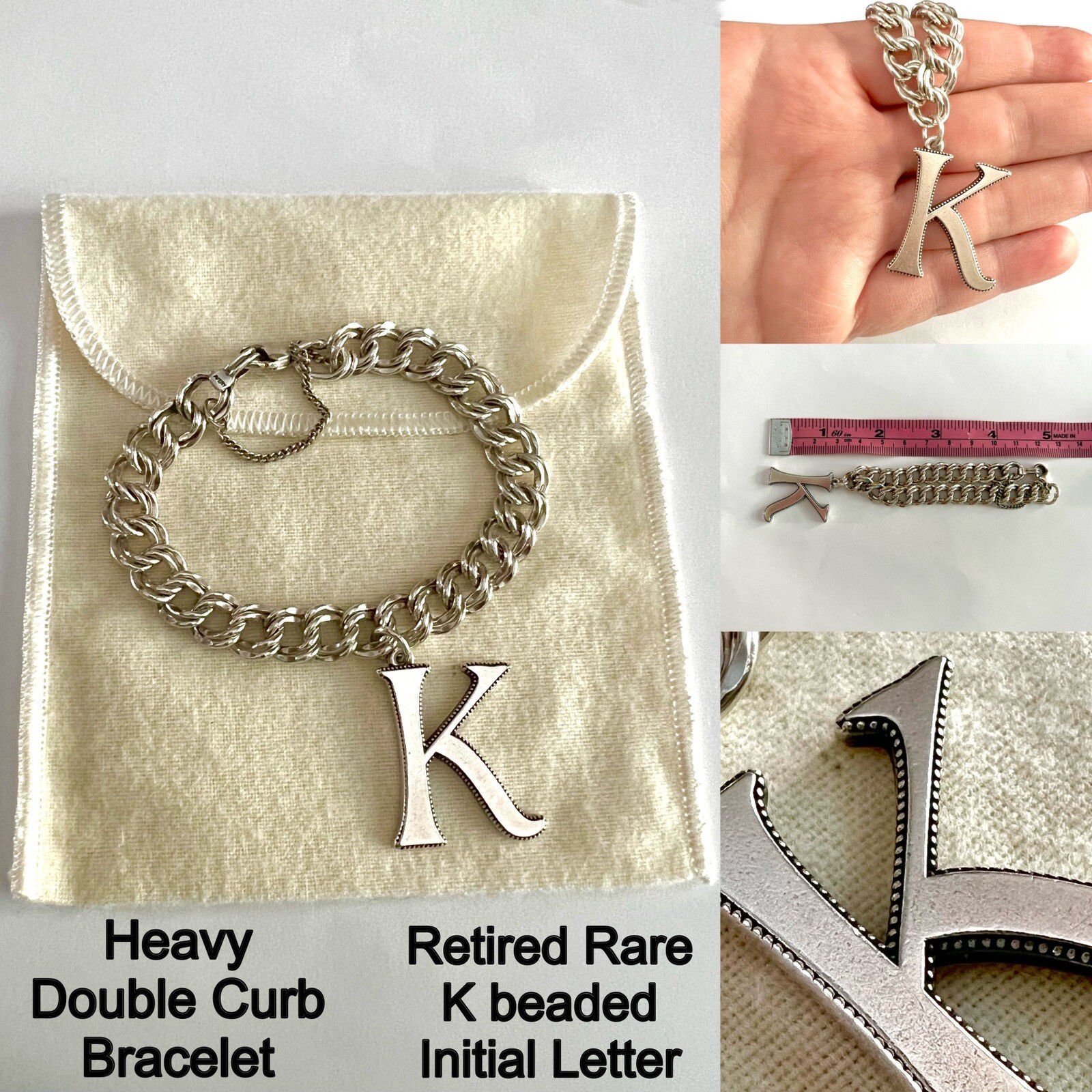 James Avery Retired K Initial Letter & Heavy Double Curb Charm Bracelet