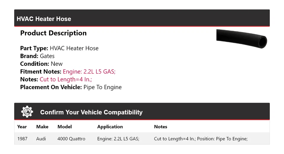 Para Audi 4000 Quattro 1987 2,2 L L5 gas climatizador manguera tubo a puertas del motor Foto 2 de 4