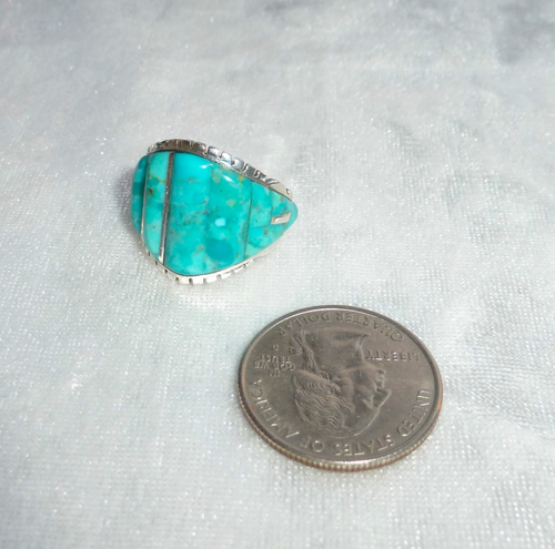 STUNNING ZUNI STYLE GENUINE TURQUOISE HANDCRAFTED INLAY 925 STERLING RING SZ 8 - Picture 6 of 6