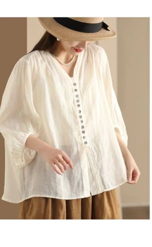 Camisa Retro Delgada de Lino para Mujer Verano Cuello en V Manga Tres Cuartos Camisa Suelta Top - Imagen 26 de 29