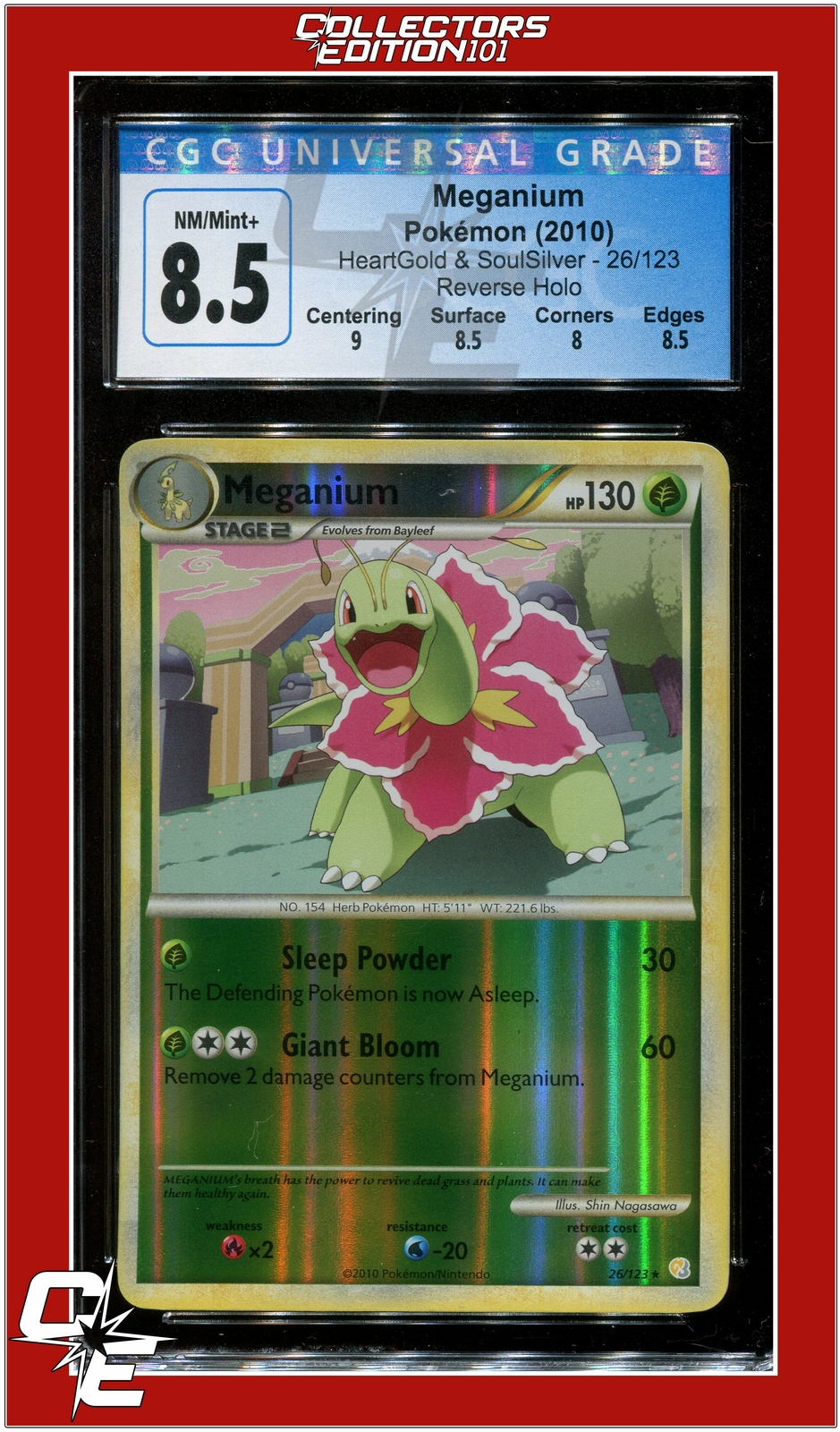 Heartgold & Soulsilver 26 Meganium Reverse Holo CGC 8.5 - Subgrades