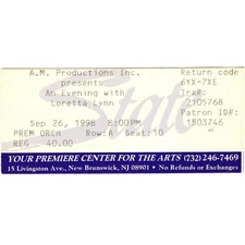 LORETTA LYNN Concert Ticket Stub NEW BRUNSWICK NJ 9/26/98 STATE THEATER Rare