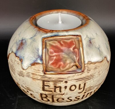  Enjoy Life s Blessings  Fall Themed Drip Glaze Ceramic Tea Light Holder, 3x4 