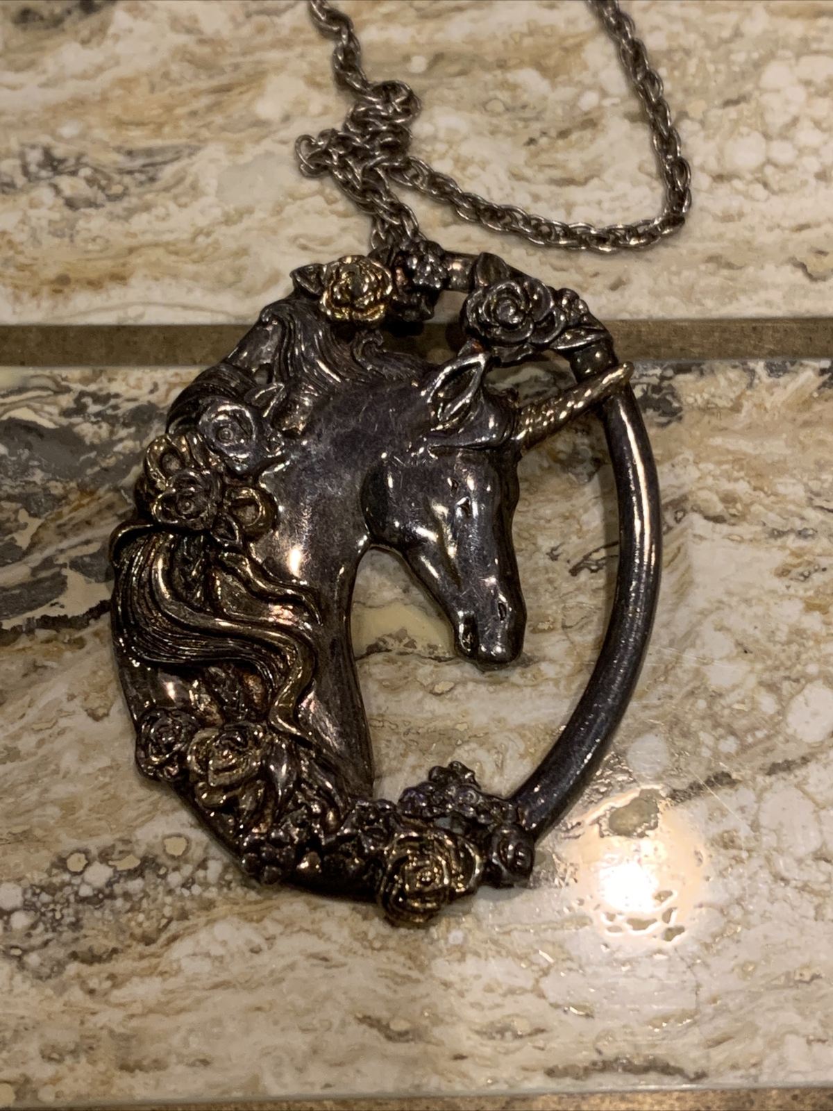 Gorham Sterling Silver & Vermeil Unicorn & Floral Garland Pendant