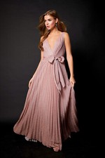 Sparkle Pleated Skirt Maxi W/Waist Tie Formal Bridesmaid Long Dress S M L 24797 