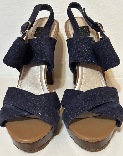 White House Black Market High-Heel Wood Chunky Sandal Sz 7.5 navy blue strap - Picture 5 of 10