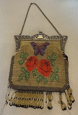 Antique Beaded Purse Butterfly Roses Fab Art Nouveau Silver Frame bag for repair