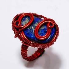 Lapis Lazuli Gemstone Copper Ring Handcrafted Wire Wrap Antique Jewelry 7.25" O9