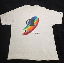 Vtg 90s Champion Single Stitched Rainbow Graphic Embroidered T Made in USA Sz XL