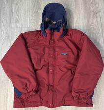 Patagonia Kids Winter Coat Jacket Outdoor Maroon Blue Trim Hidden Hood Size 14
