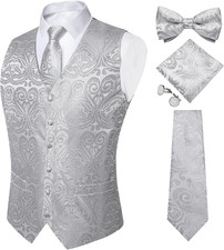 Mens Vest Tie Bowtie Set 5PCS Silk Paisley Dress Waistcoat Suit
