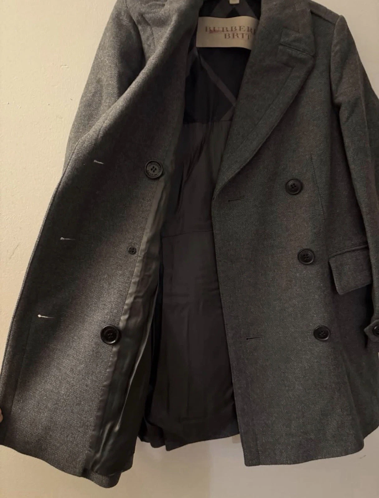 Burberry Brit Gray Wool Pea Coat Double Breasted Button Lined Size S image 2