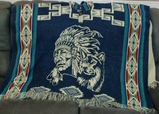 Vintage Alpaca Wool Native American Chief and Wild Wolf Poncho with Hood