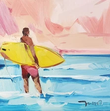 Sunset Over Ocean Surfer Art PRINT Painting 16x16 by Artist Jose Trujillo