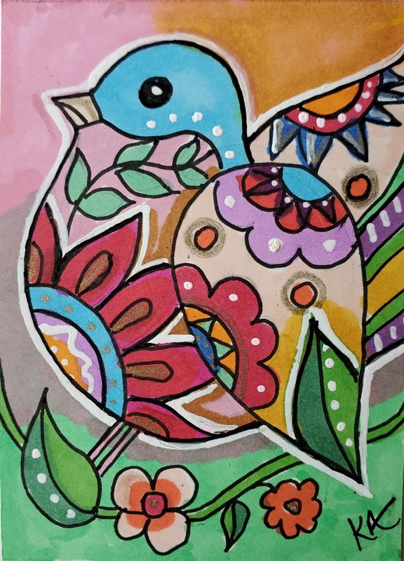 ACEO Original Art Card "Whimsy Bird" Pen & Markers, Gold Pen 2.5" x 3.5"