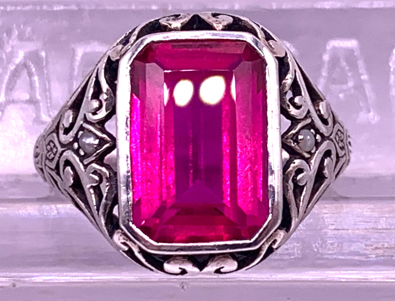 Vintage Sterling Silver large Ruby ring with seed… - image 1